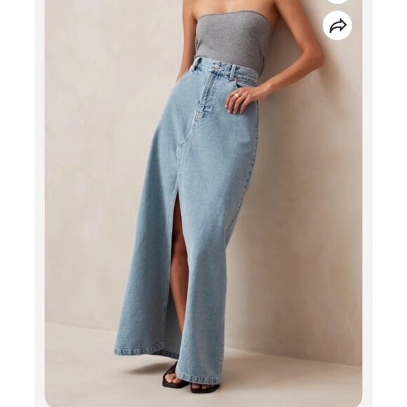 NEW Alohas Marina Denim Column Maxi Skirt Light Blue Wash Slit Front High-Rise - Picture 1 of 14